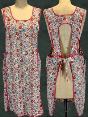 VINTAGE MCM full apron pinafore jumper tie back floral paisley kitchen chore 50s